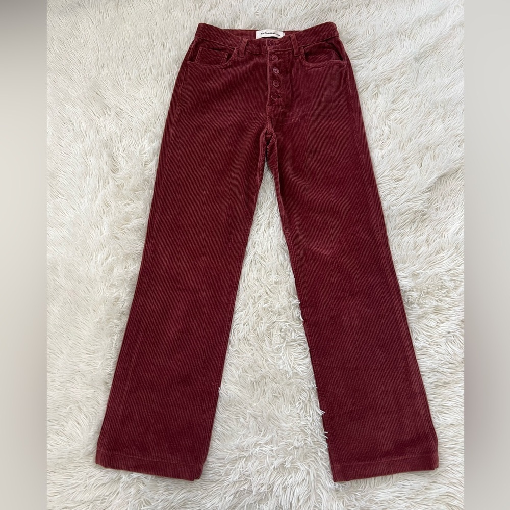 Reformation Burgundy Corduroy Button-Fly Wide-Leg Pants